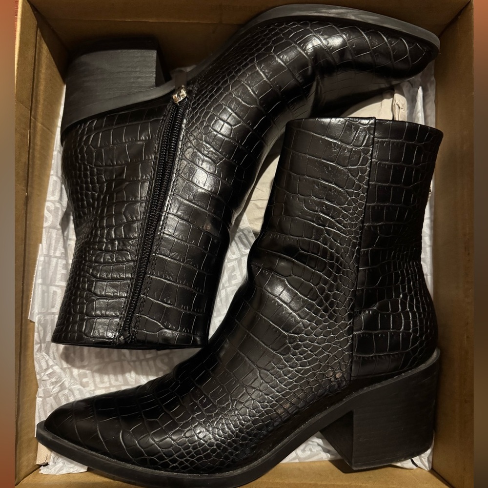 Black Croc-Embossed Ankle Boots